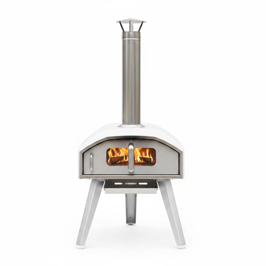 Poêle à pizzas en acier inoxydable sur fond blanc